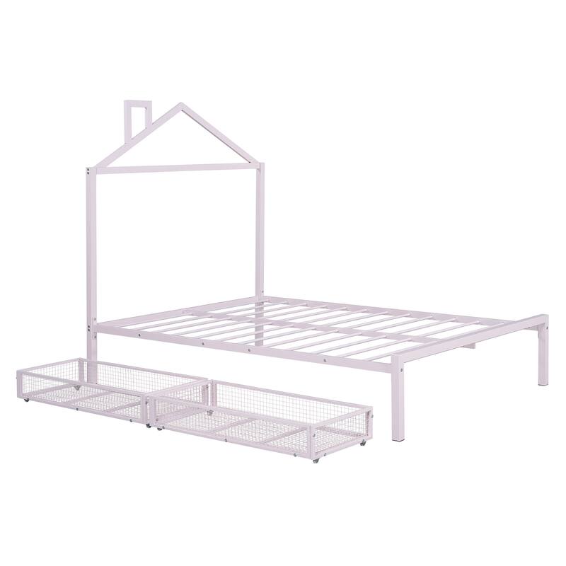 Full Size Metal Platform Bed with Two Drawers and House-Shaped Headboard
