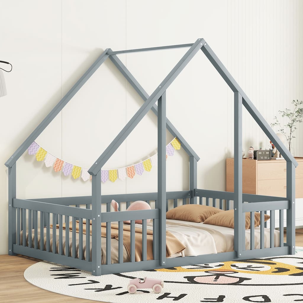 Grey Full Size Pine Wood House-Shaped Floor Bed with Guardrails