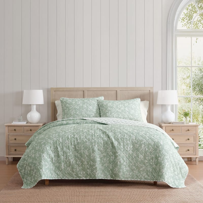 Martha Stewart French Bird Floral Green Cotton Reversible Quilt Set
