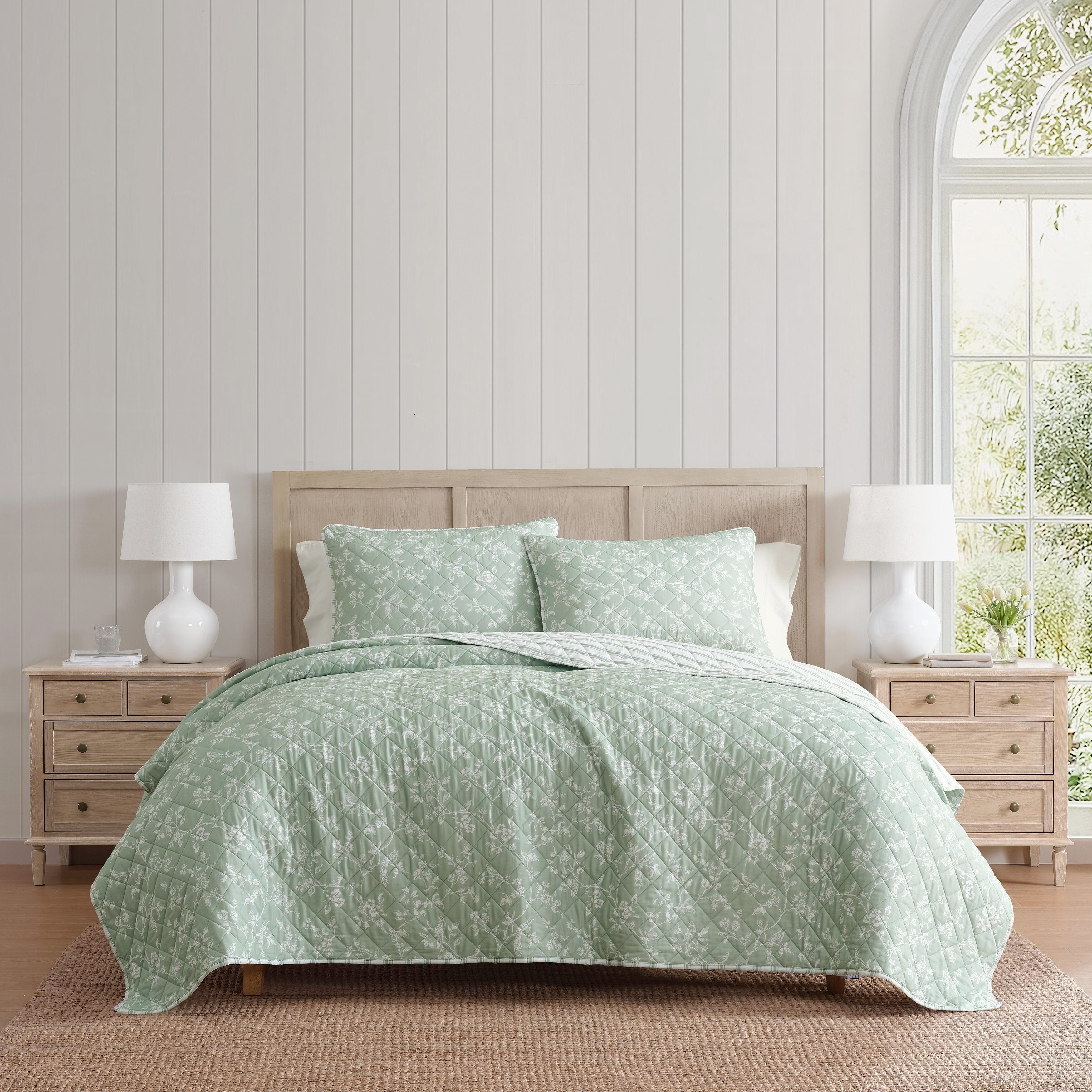 Martha Stewart French Bird Floral Green Cotton Reversible Quilt Set