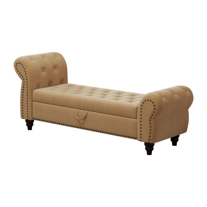 64.5" Storage Bench for Bedroom, Large Capacity Upholstered Ottoman, End of Bed Tufted Chaise Lounge with Rolled Arm