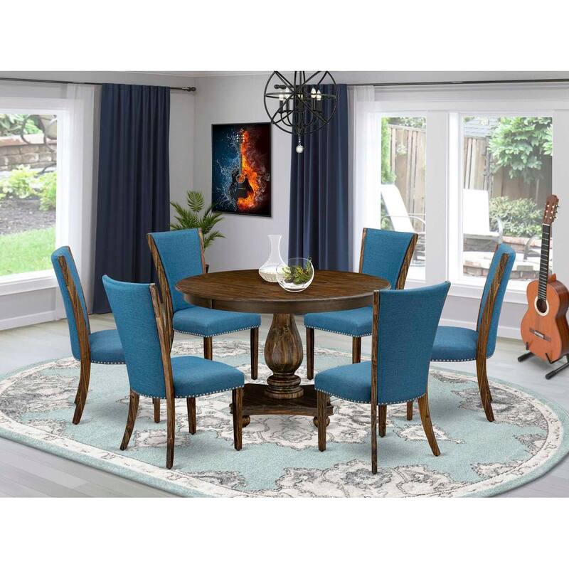 HomeStock 7-Piece Distressed Jacobean Finish Solid Wood Top Dining Table with 6 Parson Chairs