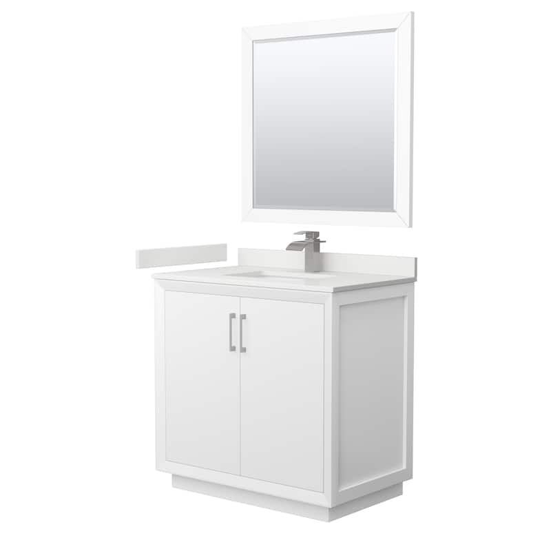 Strada 36-inch Single Vanity, Quartz Top, 34-inch Mirror - White, Nickel Trim, White Quartz Top