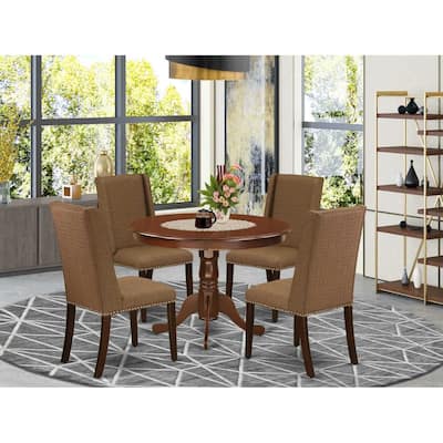 HomeStock 5-Piece Round Mahogany Finish Solid Wood Top Dining Table with 4-Upholstered Chairs with Lattice Back