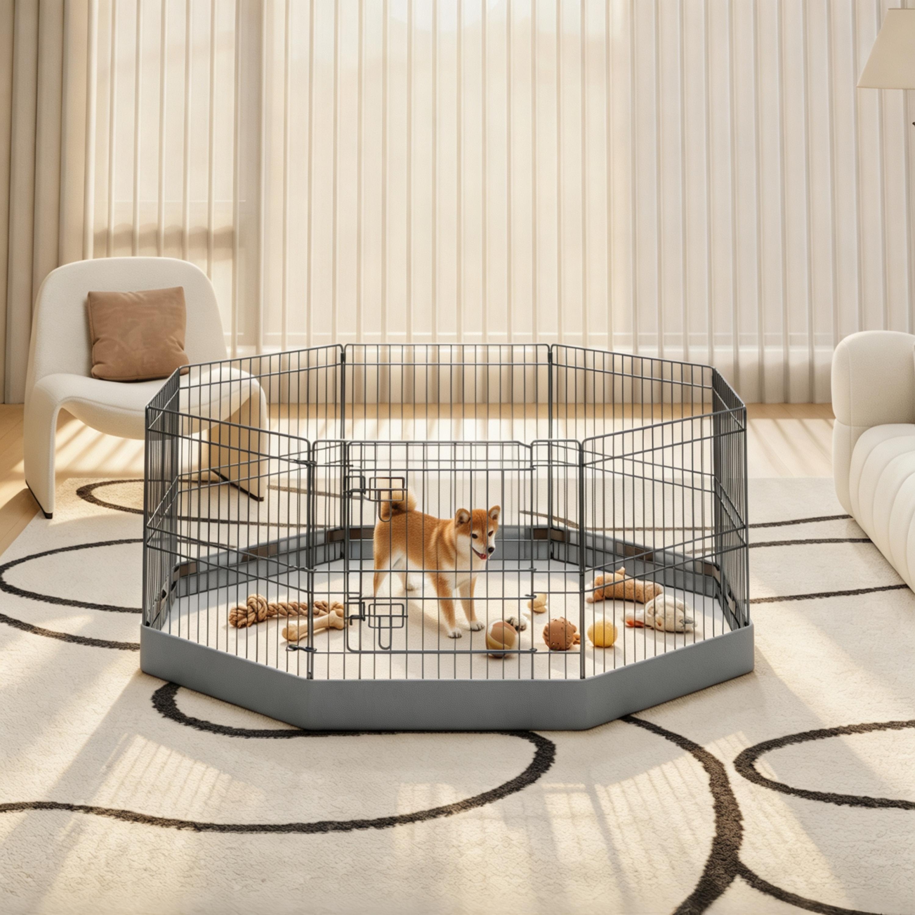 24"8 Panels Metal Dog Playpen with 600D Waterproof Bottom Pad, Pet Exercise Play Yard with Lockable Secure Door