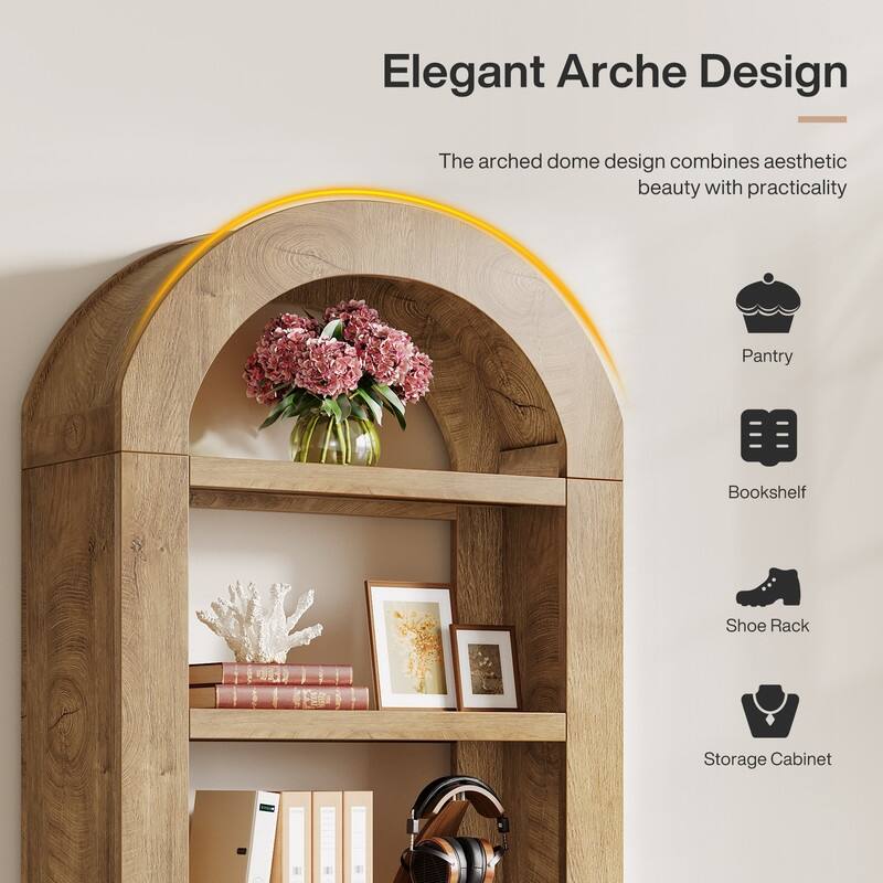70.9'' Tall Brown Arched Bookshelf with Storage