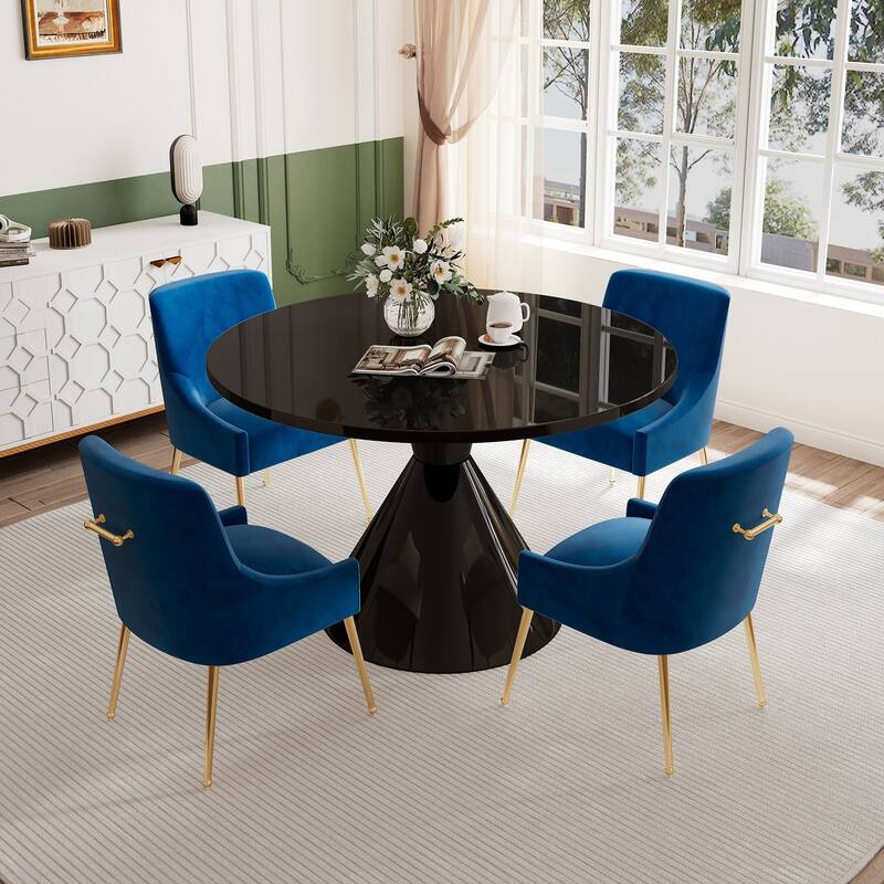 48" Light Luxury Black High Gloss Large Countertop Dining Table with Velvet Dining Chair Set