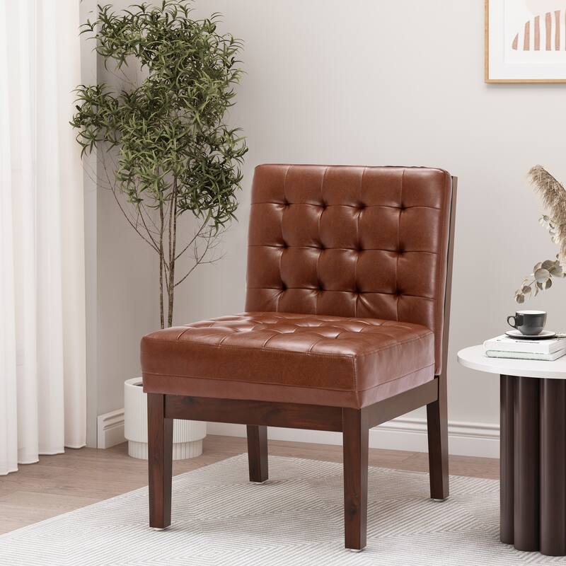 Cognac & Dark Espresso Upholstered Accent Chair - Contemporary Straight Chair with Wooden Frame - Light Brown