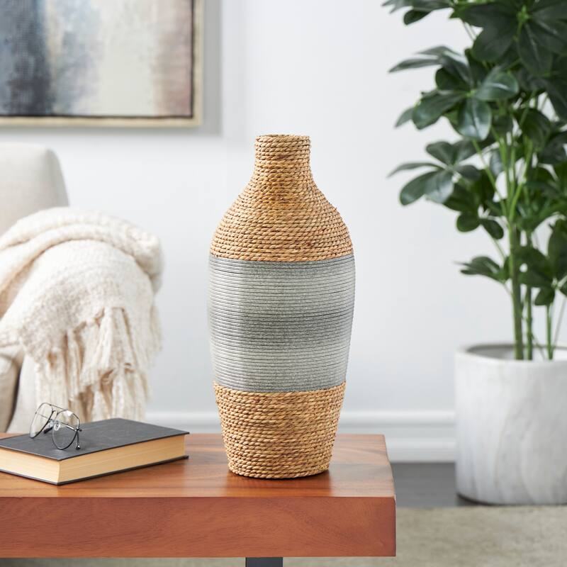 Brown Seagrass Handmade Rounded Wrapped Decorative Vase with Layered Gray Paneling - Brown