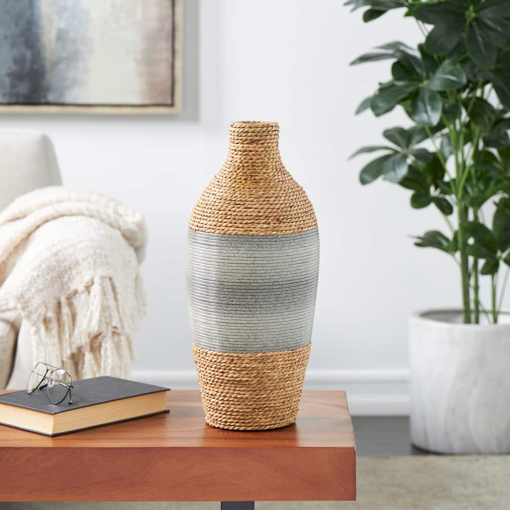 Brown Seagrass Handmade Rounded Wrapped Decorative Vase with Layered Gray Paneling