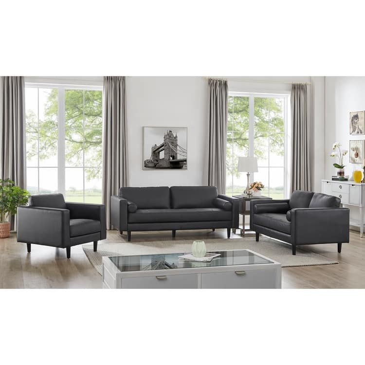 Marisa Genuine Mid-Century Leather Sofa 3 Piece Set, Classic Modern Sofa Couches for Living Room Furniture