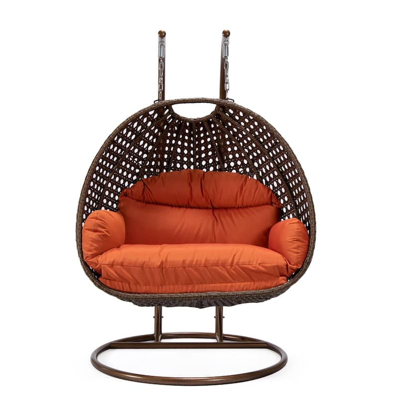 LeisureMod Mendoza Dark Brown 2 Seater Wicker Patio Hanging Double Swing Chair for Patio Porch Backyard Garden - 53"