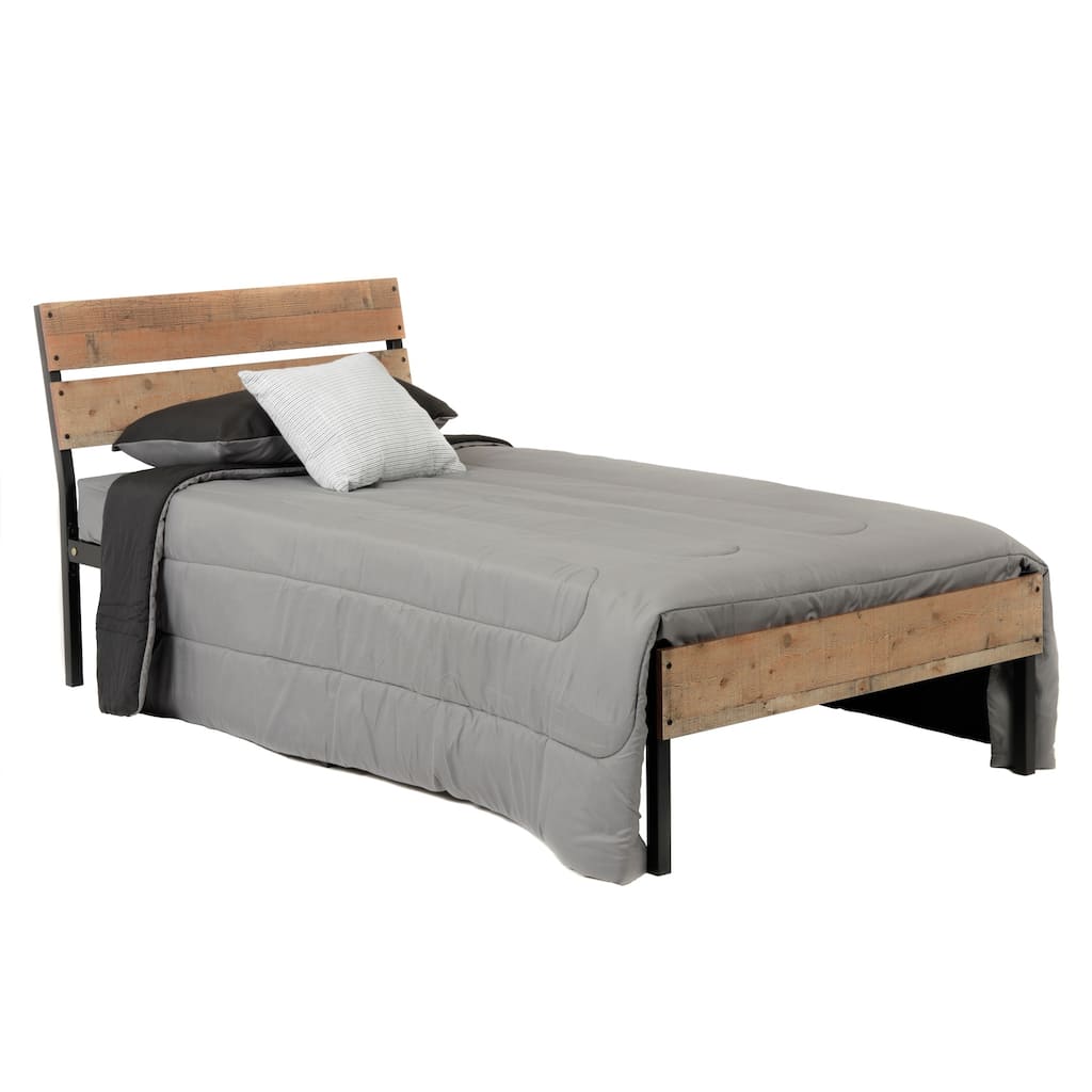 Twin Bed Frame Metal & Wood Style - Rustic Bed with Storage & Sturdy Base