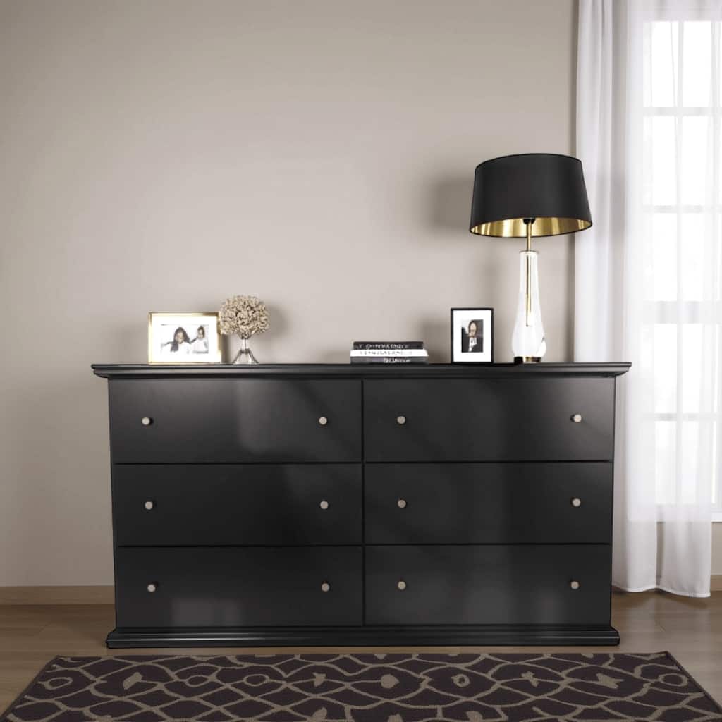 Boli 63 Inch Wide Dresser, 6 Storage Drawers, Modern Black Molded Trim