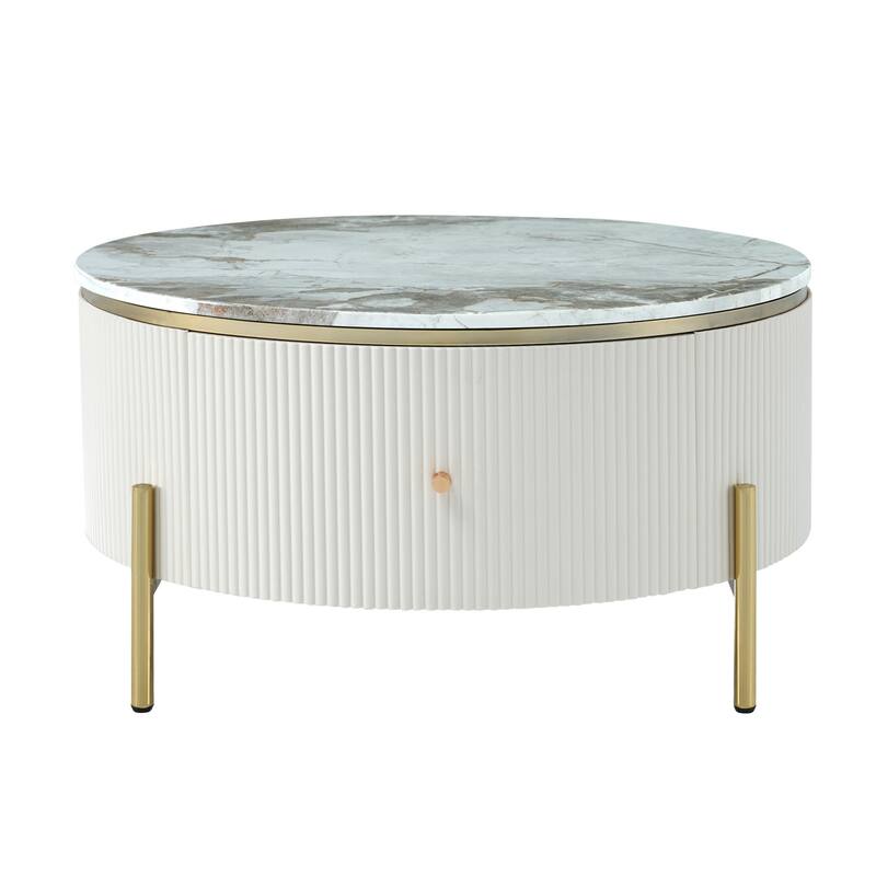 Roomfitters Modern Round Marble Coffee Table with Storage, Gold Metal Legs, 2 Hidden Compartments 31.5"