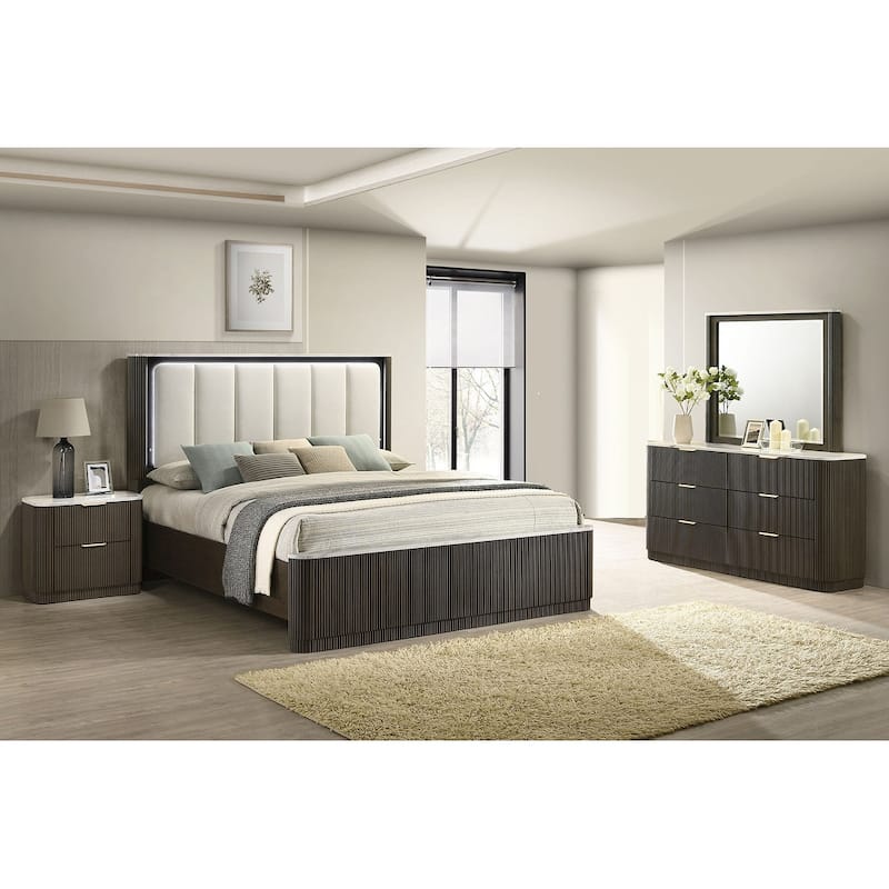 4 Pc Contemporary Bedroom Set Dark Walnut Finish Bed Nightstand Dresser and Mirror