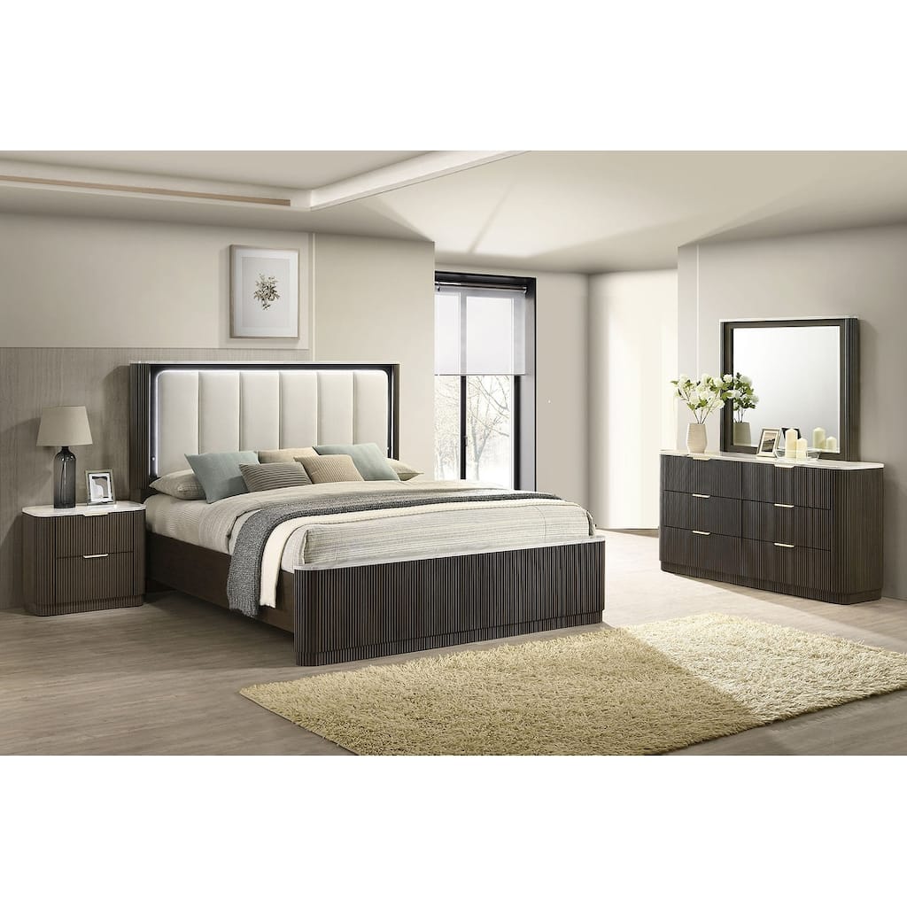 4 Pc Contemporary Bedroom Set Dark Walnut Finish Bed Nightstand Dresser and Mirror