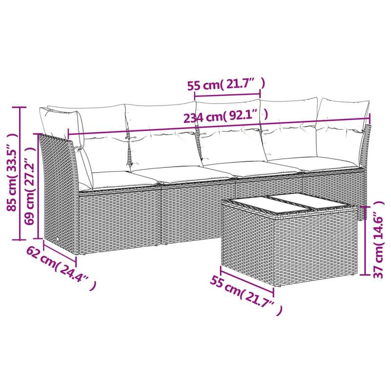 vidaXL Garden Sofa Set Beige PE Rattan, Powder-Coated Steel, Tempered Glass - 21.7 x 21.7 x 14.6