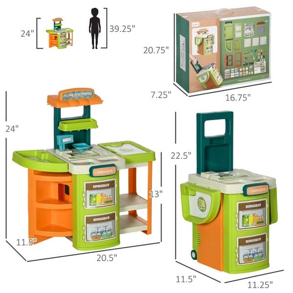 58Pcs Grocery Store Pretend Play Kids Trolley with Cash Register Stand, Foldable Play Store for Ages 3-6 Years Old