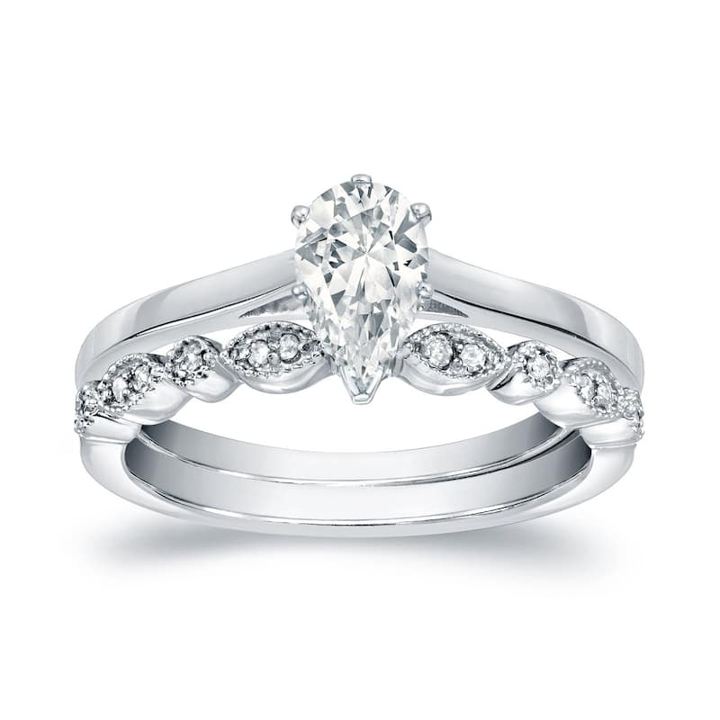 Auriya 14k Gold 1/2ctw Vintage Pear Shape Solitaire Diamond Engagement Ring Set - White - 6.5