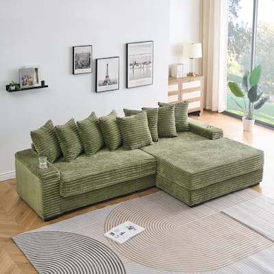 111.4-inch Green Corduroy L-Shaped Sofa with Storage Armrests and Reversible Chaise Lounge
