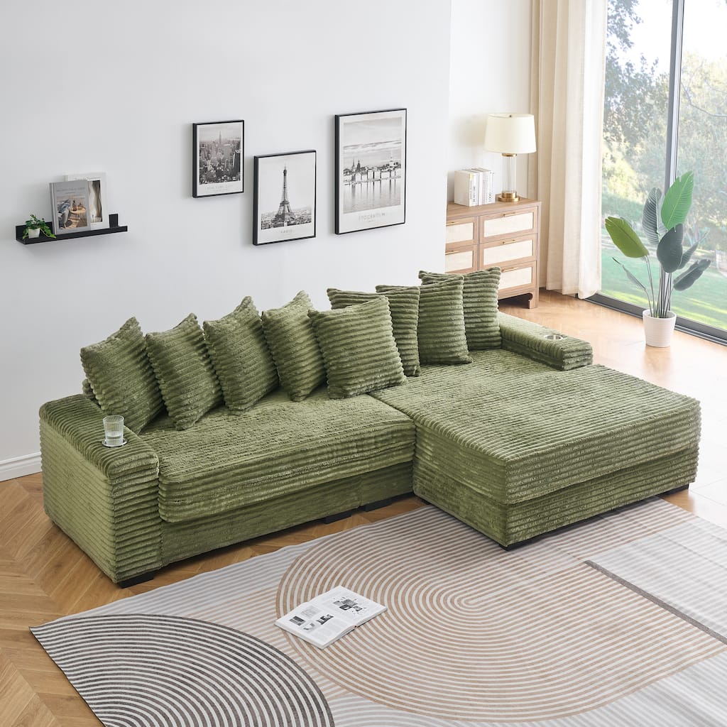 111.4-inch Green Corduroy L-Shaped Sofa with Storage Armrests and Reversible Chaise Lounge