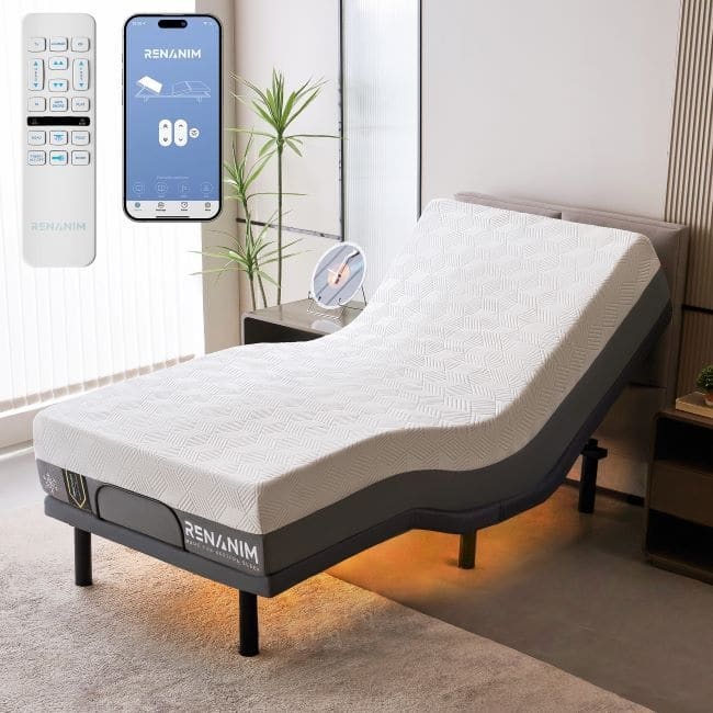 Renanim Adjustable Bed Frame with 14-inch Hybrid Mattress, Dual Massage, USB Ports, App Control, Underbed Light, Remote - Twin XL
