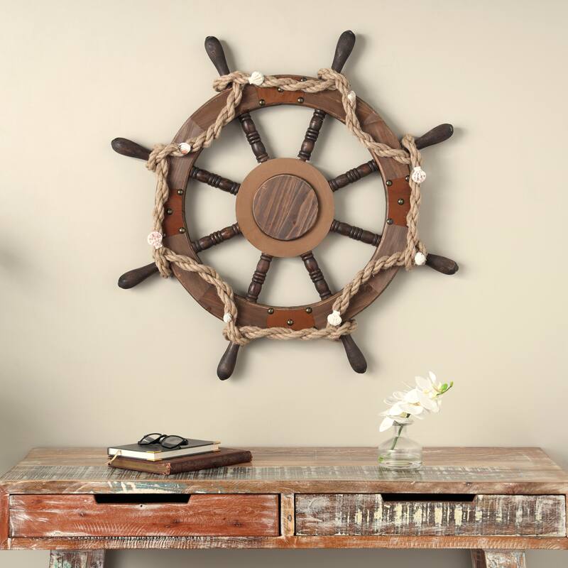 Wood Ship Wheel Handmade Wall Decor with Rope and Shell Accents - Brown - Roche River Decor