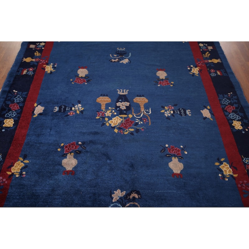 Vegetable Dye Blue Art Deco Chinese Antique Rug Handmade Wool Carpet - 6'1"x 8'10"