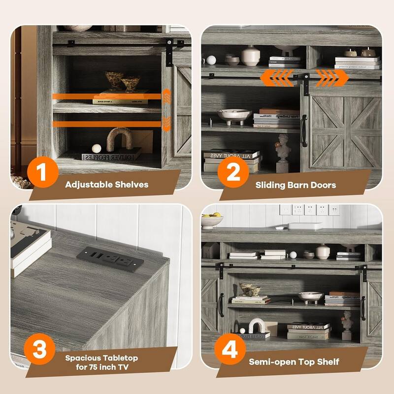 66" Farmhouse TV Stands, Entertainment Center with Open Storage, Power Outlets - N/A