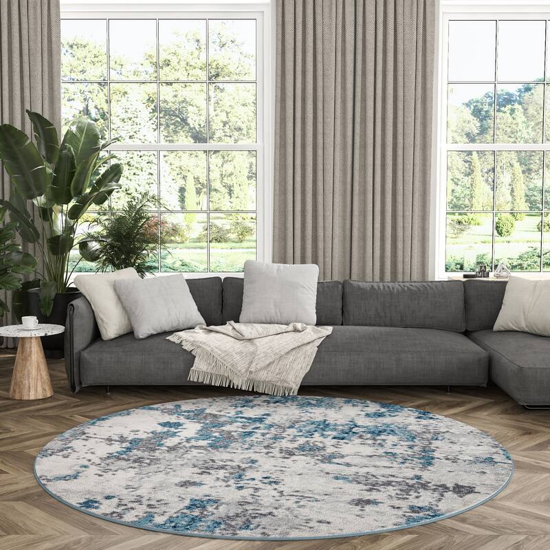 Gematria Industrial Abstract Indoor Area Rug - 5'3'' Round - Blue/Cream
