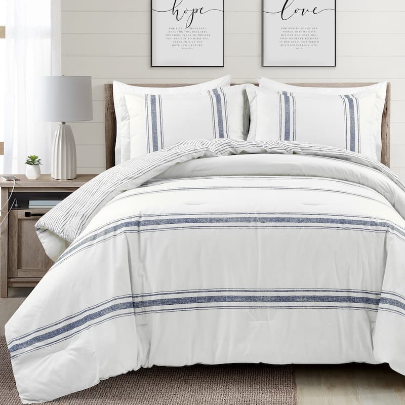 Lush Decor Farmhouse Stripe 3-piece Comforter Set - Navy - King