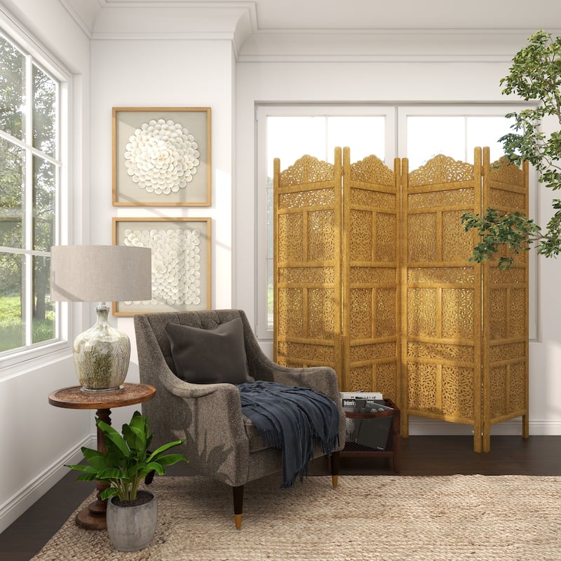 Gold Wooden Handmade Foldable Partition 4 Panel Floral Partition Room Divider Screen with Carved Designs