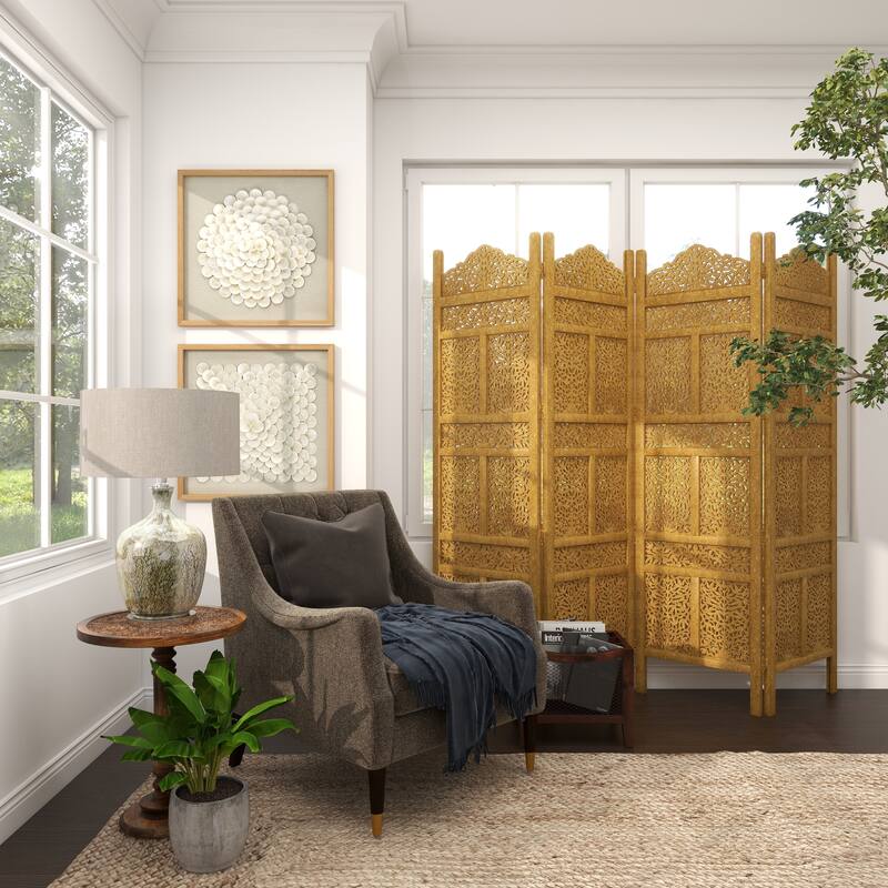 Wooden Floral Handmade Foldable 4 Panel Room Divider Screen with Foiled Intricately Carved Designs - Gold - Roche River Decor