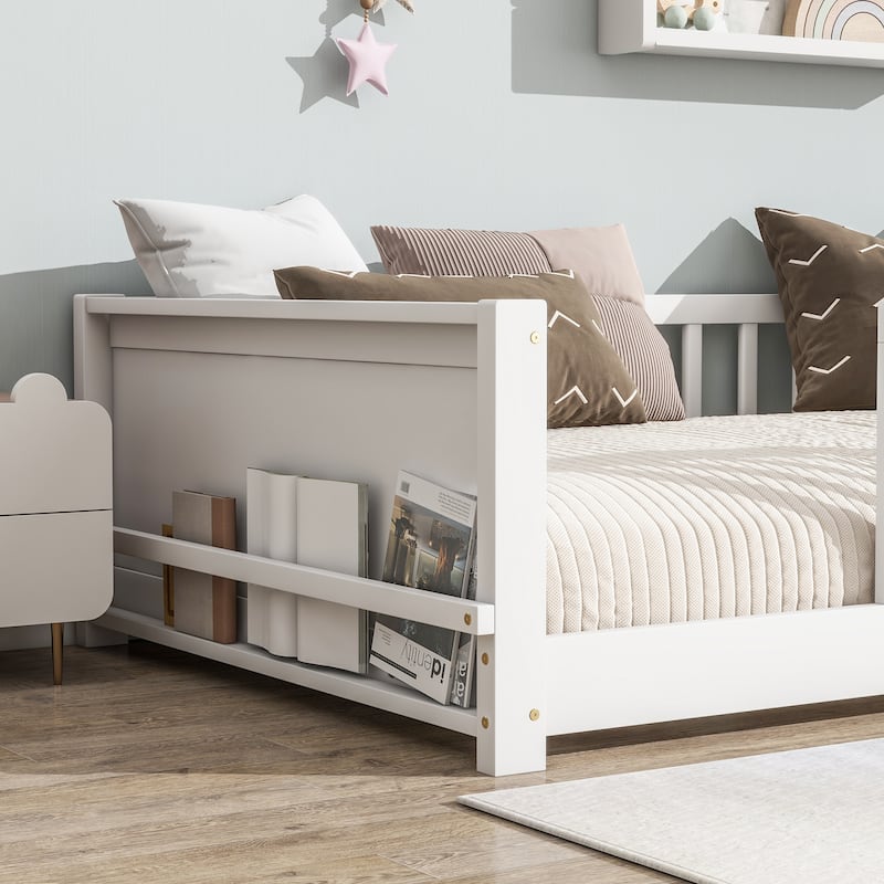 Roomfitters Twin Floor Platform Bed with Built-in Book Rack, Rubber Wood Frame, Low Profile Design with Guardrails