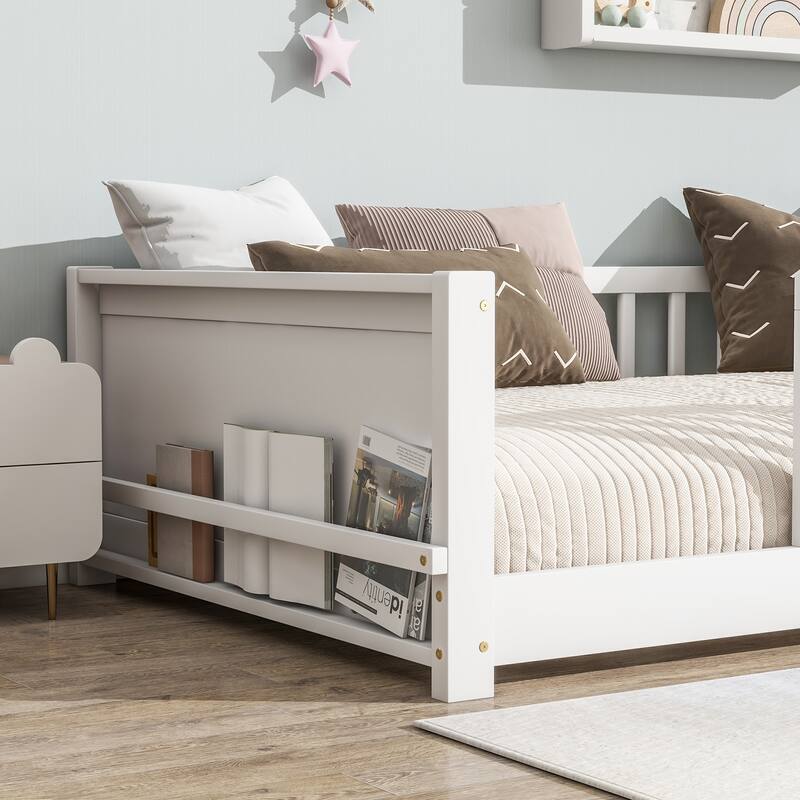 Twin Size Floor Platform Bed with Built-in Book Rack, White