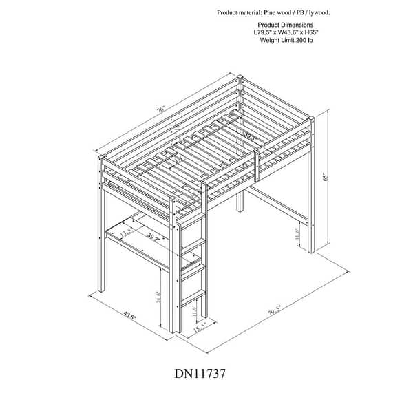 dimension image slide 3 of 4, Modern Solid Wood Frame Loft Bed with Desk and Shelves
