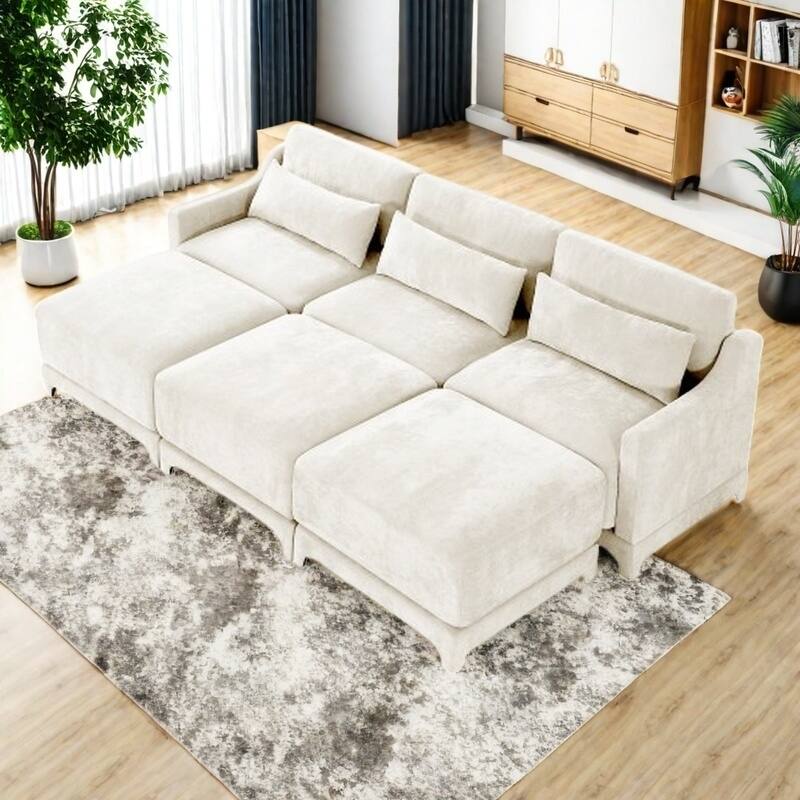 Modern Chenille 4-Seater Sofa with 2 Ottoman, Lumbar Cushions, Ergonomic Backrest, High-Resilience Spongeand Tufted Armrests - 3 Seater with 3 Ottoman Beige
