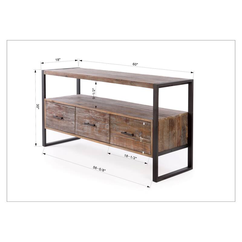 Rustic 60Inch Reclaimed Wood TV Console Table with 3 Drawers, Open