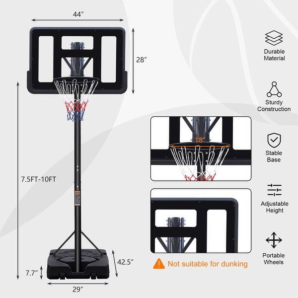 Height Adjustable Portable Basketball Hoop 7.5ft - 10ft with 44-Inch Backboard and Wheels - 44.09" x 28.35" x 1.18" (L x W x H)