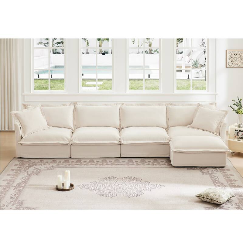 Modern 4 Seater Upholstered Sofa with 1 Ottoman and 2 Pillows