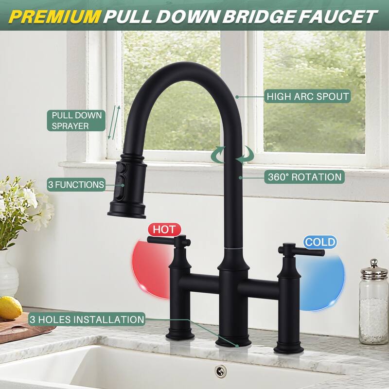 WOWOW Double Handle Pull Down Sprayer Bridge Kitchen Faucet