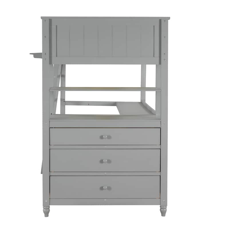 Twin Size Loft Bed Kids Bed Frame Wooden Storage Bed with Desk, Shelves, Pull-out Drawers, Ladder and Guardrail