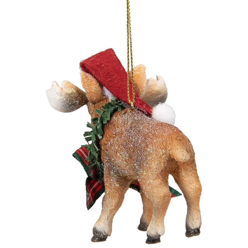 3.5-Inch Moose Wearing Santa Hat and Plaid Bow Christmas Ornament - 3.5"