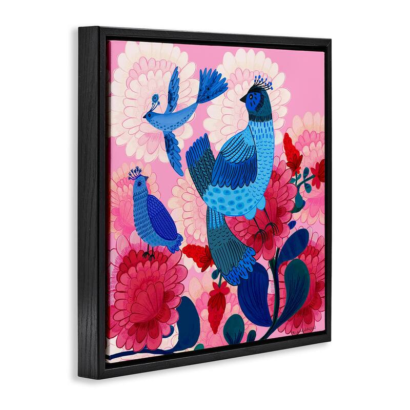 Stupell Folk Birds on Dahlias Framed Floater Canvas Wall Art Design By Kay Widdowson