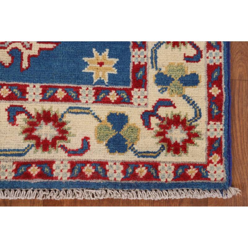 Geometric Kazak Foyer Rug Hand-Knotted Traditional Blue Wool Carpet - 2'7" x 3'11"