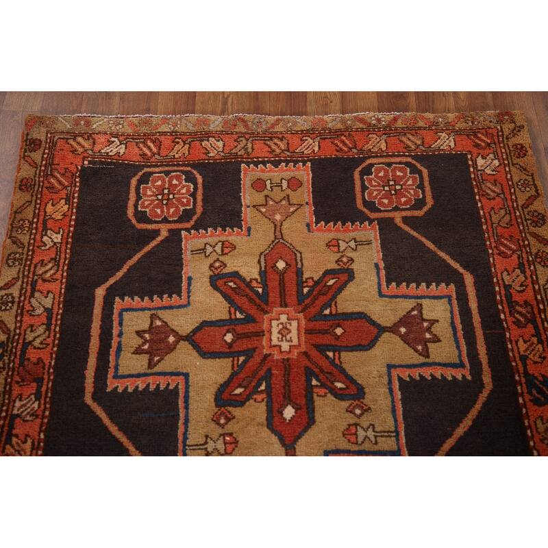 Blue Ardebil Persian Vintage Runner Rug Hand-knotted Wool Carpet - 3'6"x 11'1"