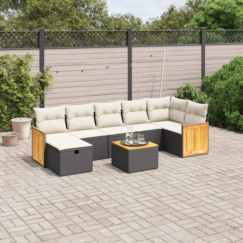 vidaXL Patio Sofa Set with Cushions Outdoor Conversation Furniture Poly Rattan - Black and cream with table - form1 - 24.4 x 24.4 x 27.2 in
