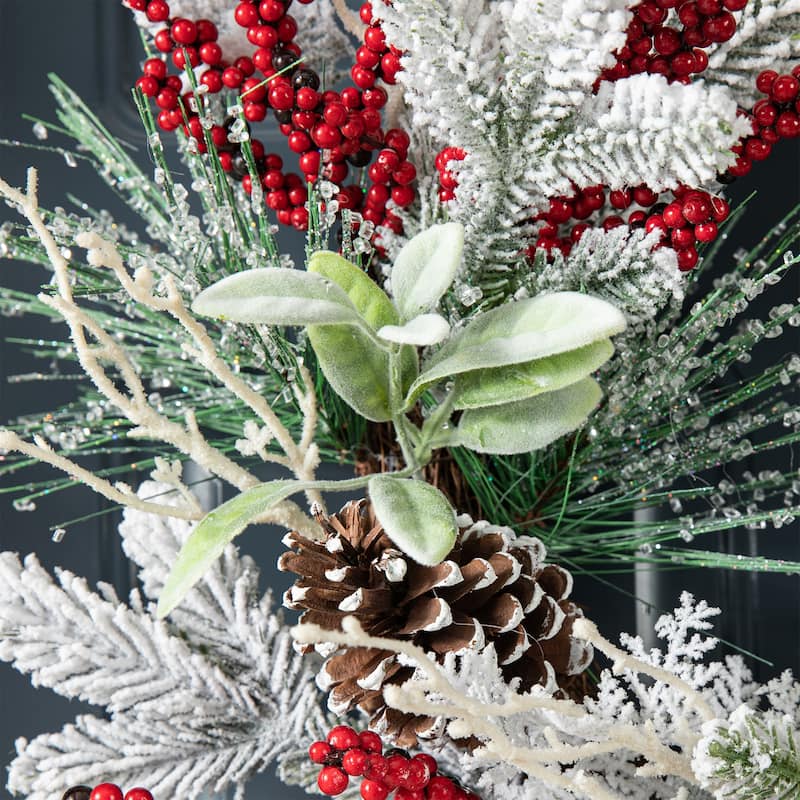 Glitzhome Artificial Christmas Flocked Pinecone Berry Teardrop Wreath Centerpiece