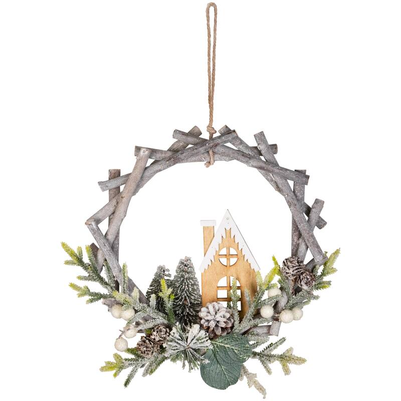 Flocked House and Pinecones Wood Branch Artificial Christmas Wreath - 12" - Unlit